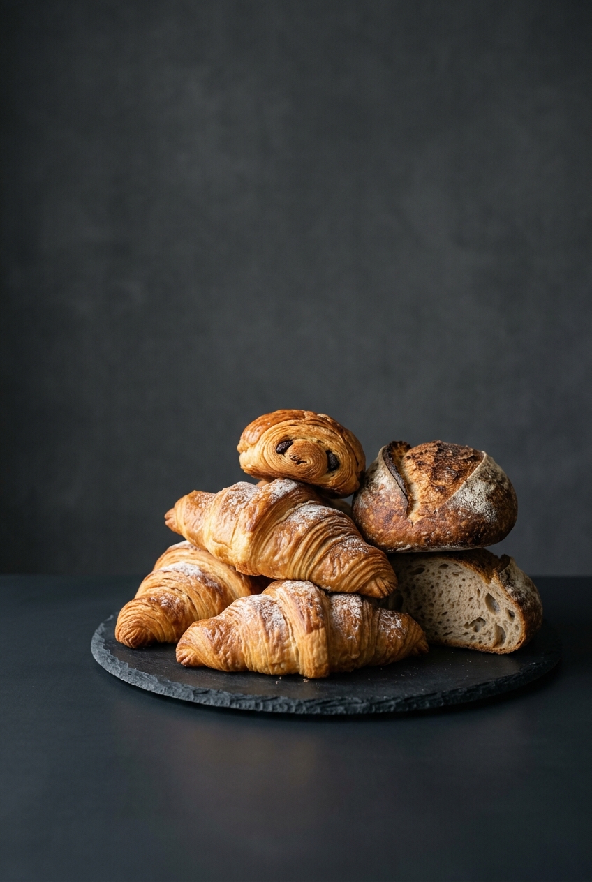 Golden croissants and artisan breads on dark slate