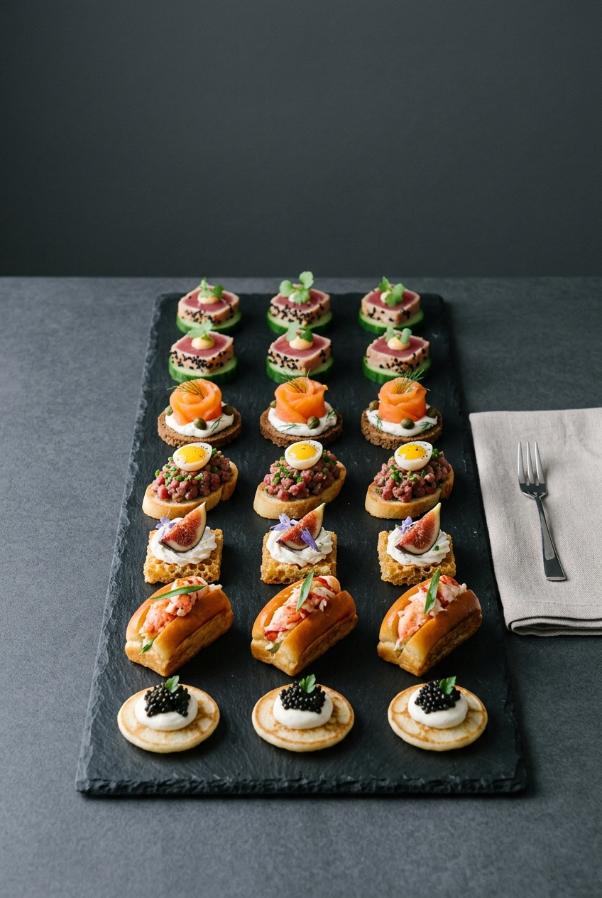 Elegant catering platter of canapés on dark slate