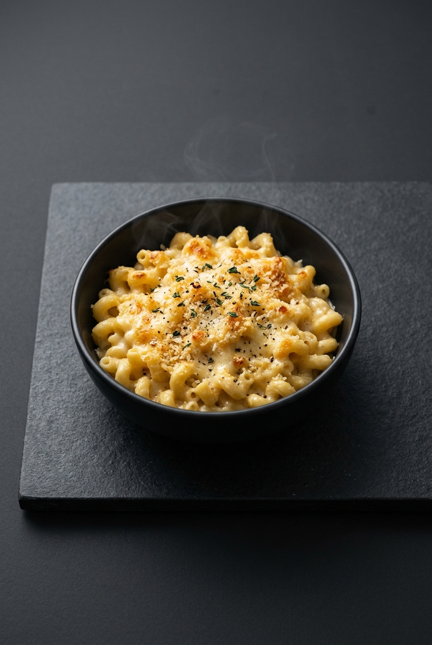 Creamy baked macaroni and cheese in a modern black bowl
