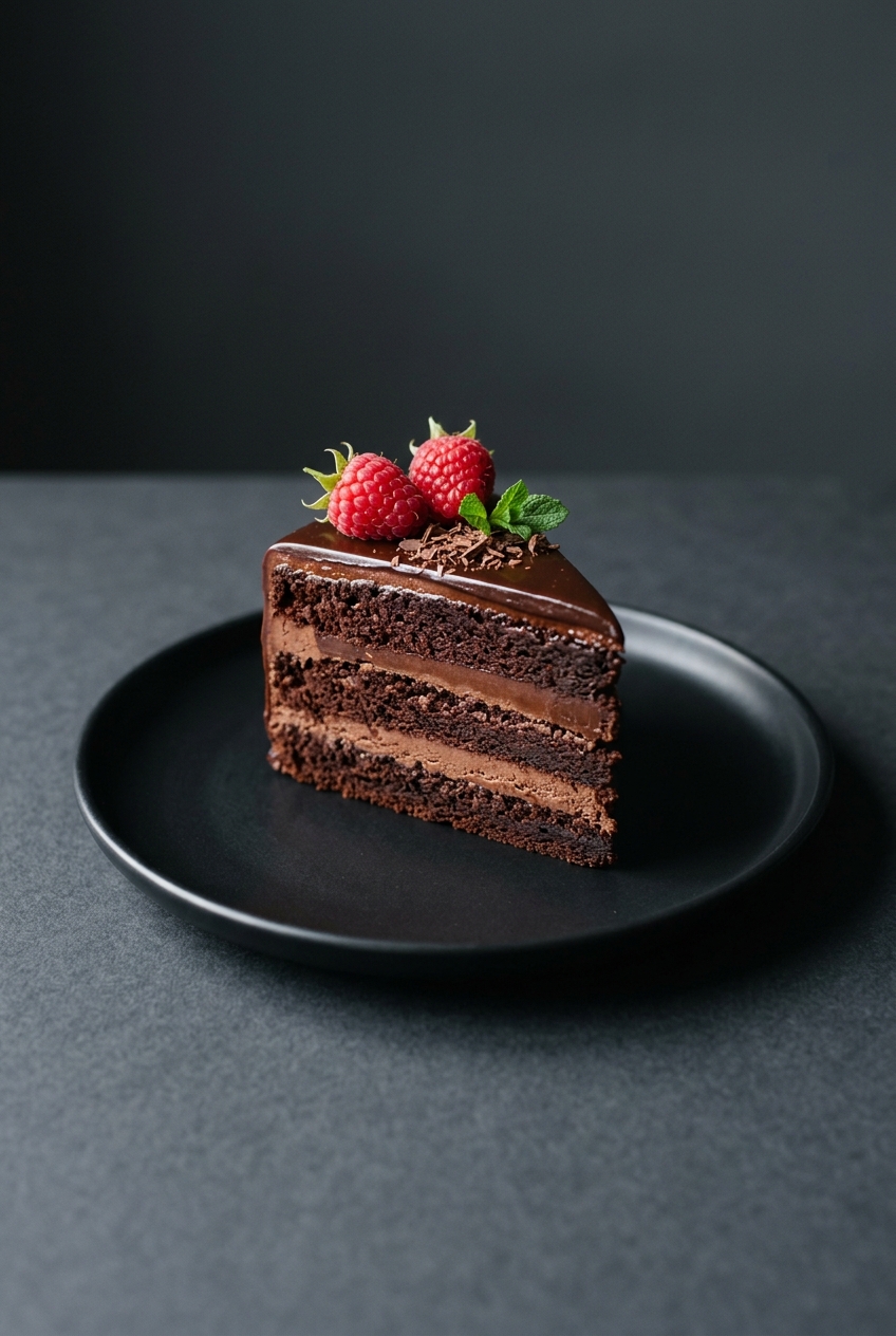 Chocolate layer cake slice with raspberries on a black plate