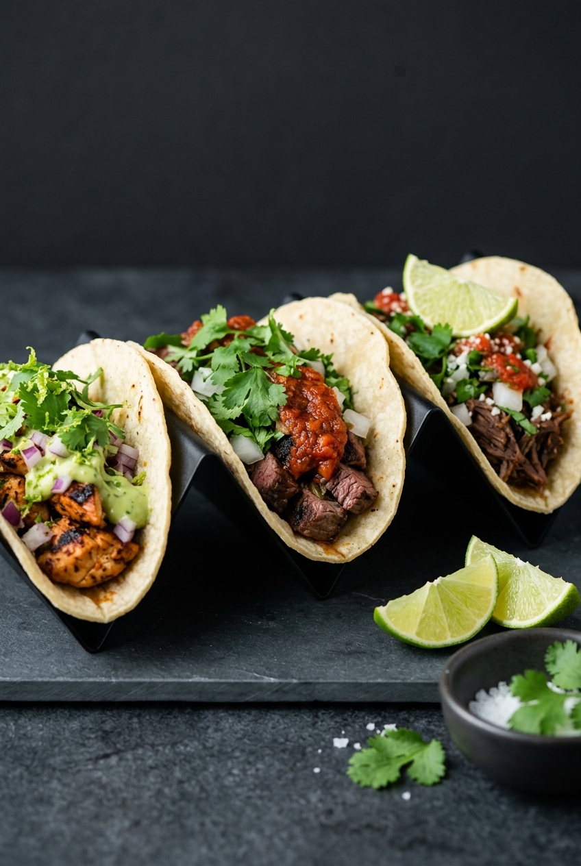 Gourmet street tacos with lime and salsa