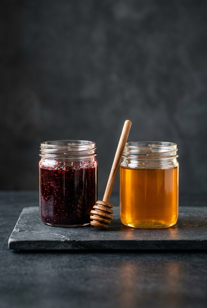 Artisan jars of jam and honey on dark stone